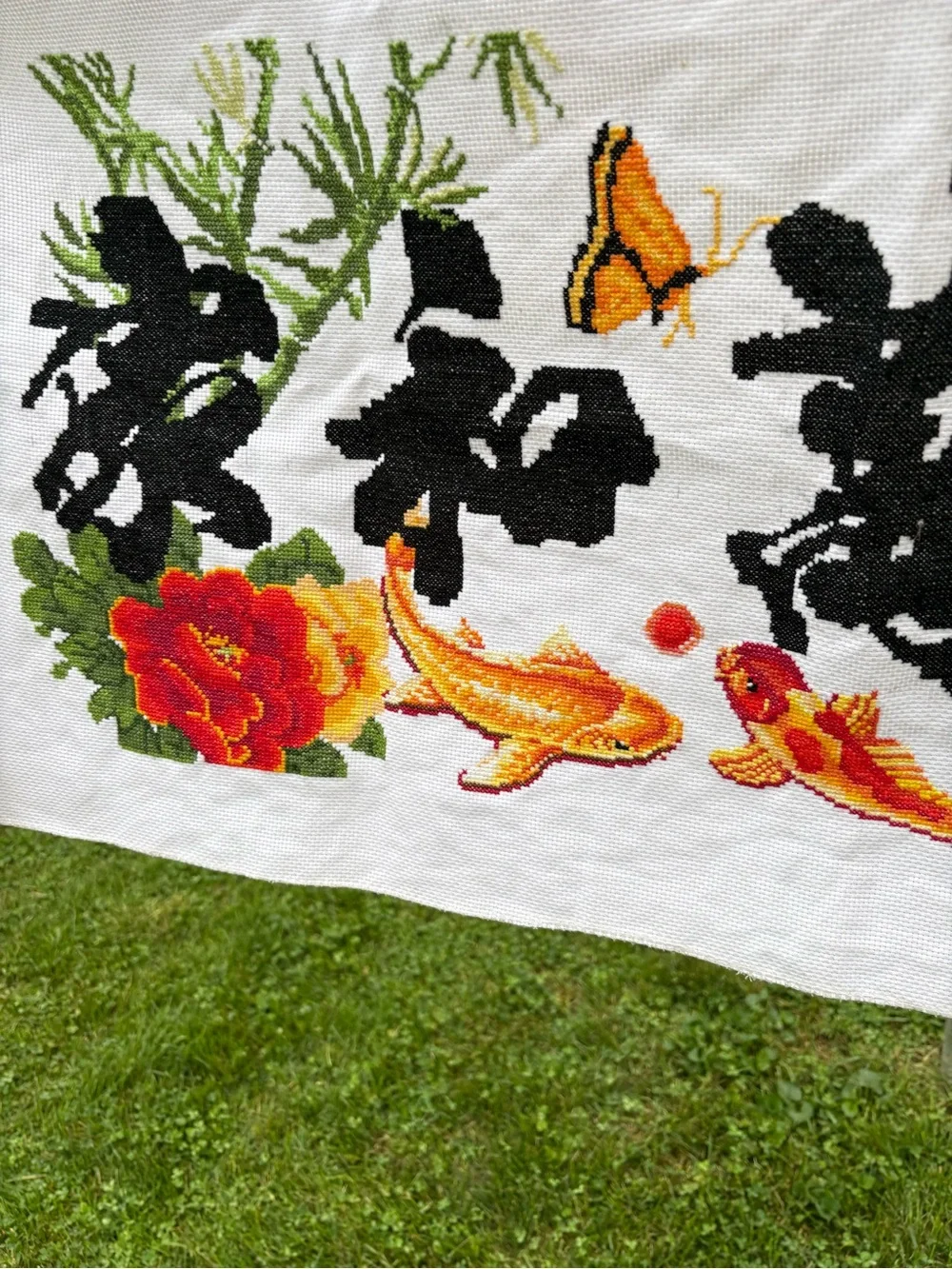 Embroidered Koi & Floral”When a family lives in harmony all things will prosper”